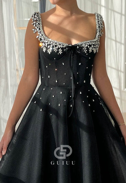 Black Spaghetti Straps Scoop Beads Prom Dress