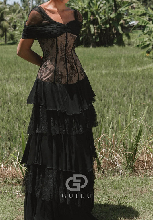 Black Short Sleeves Ruffles A-Line Prom Dress