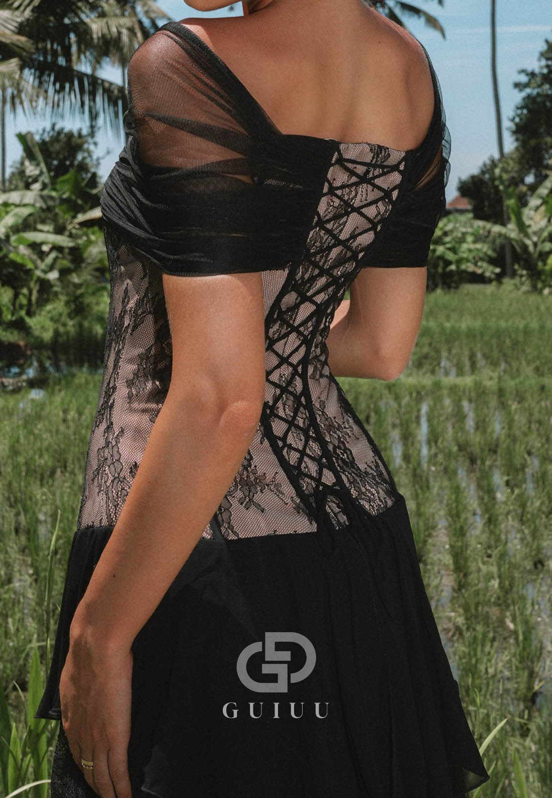 Black Short Sleeves Ruffles A-Line Prom Dress