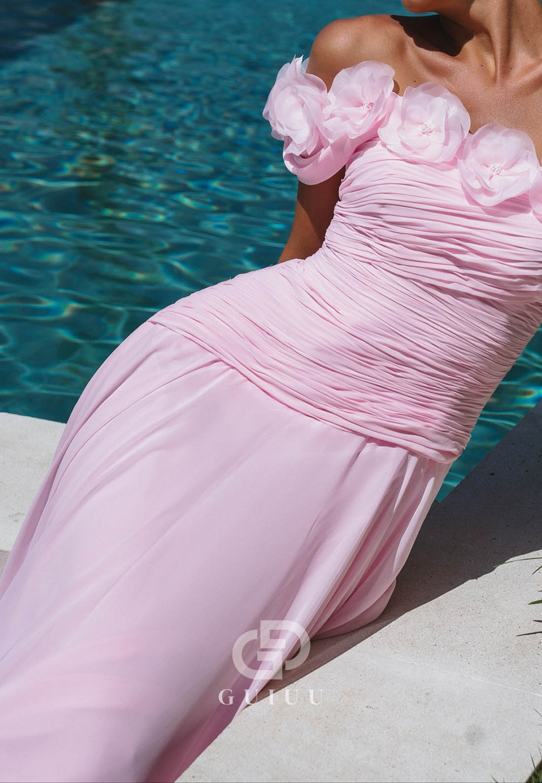 Blushing Pink Sleeveless Off-Shoulder Ruched Prom Dress