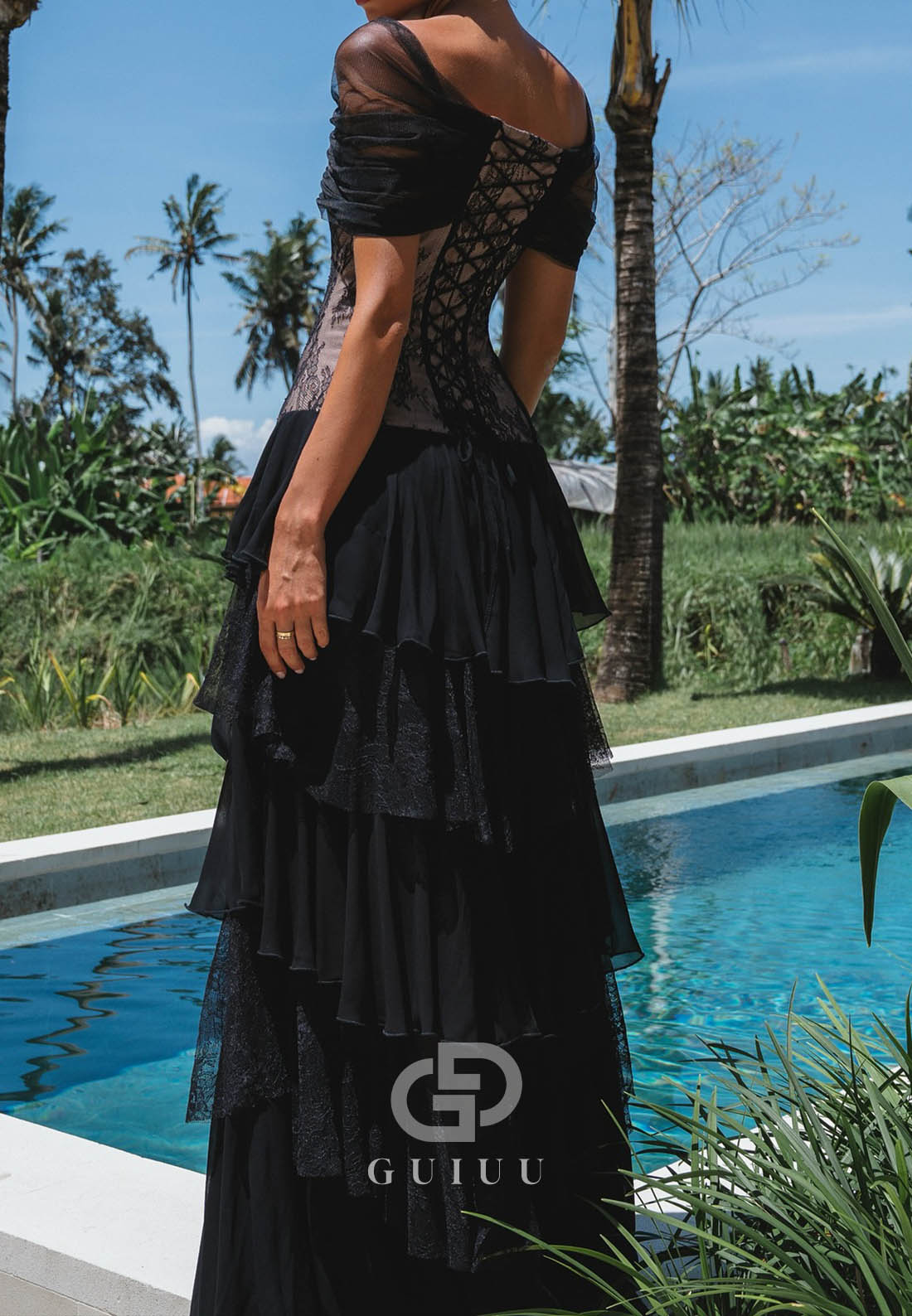 Black Short Sleeves Ruffles A-Line Prom Dress