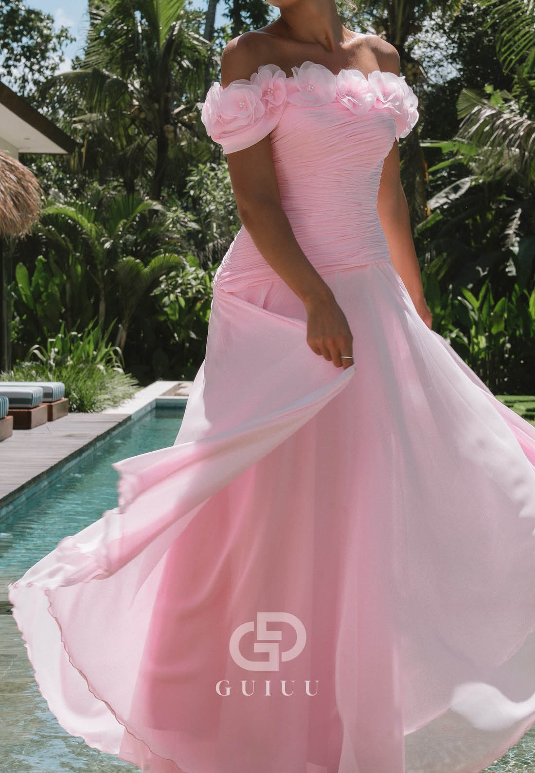 Blushing Pink Sleeveless Off-Shoulder Ruched Prom Dress