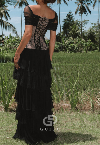 Black Short Sleeves Ruffles A-Line Prom Dress