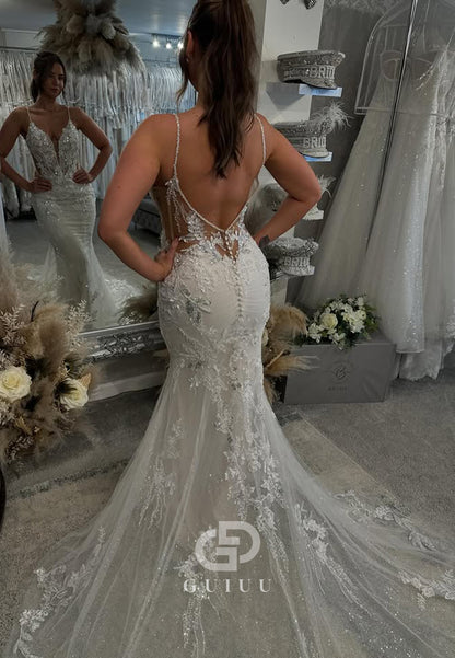 Spaghetti Straps V-Neck Floral Appliques Mermaid Wedding Dress