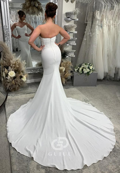 Simple Strapless Sleeveless Ruched Satin Wedding Dress