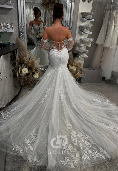 Long Sleeves Sweetheart Corset Appliques Mermaid Wedding Dress