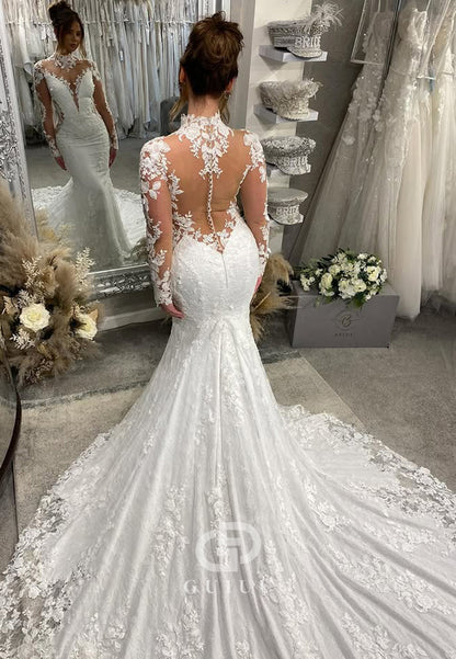 High Neck Long Sleeves Backless Appliques Mermaid Wedding Dress