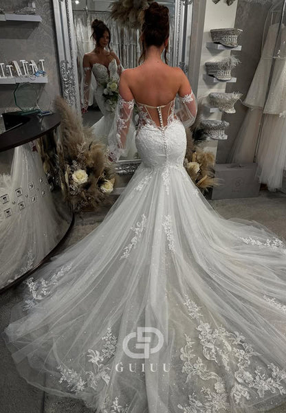 Long Sleeves Sweetheart Corset Appliques Mermaid Wedding Dress