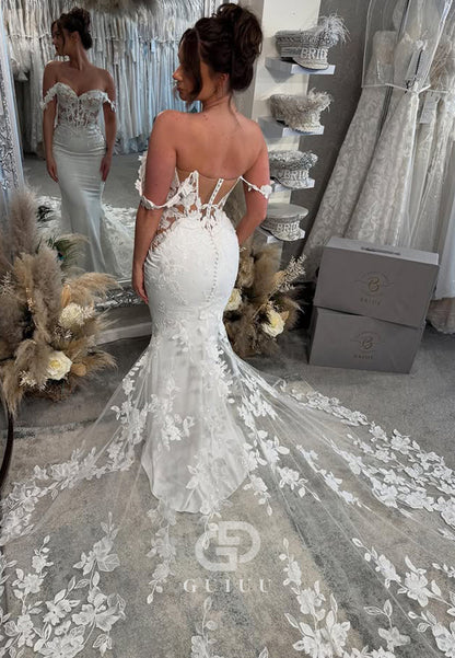 Strapless Sleeveless Floral Appliques Mermaid Wedding Dress
