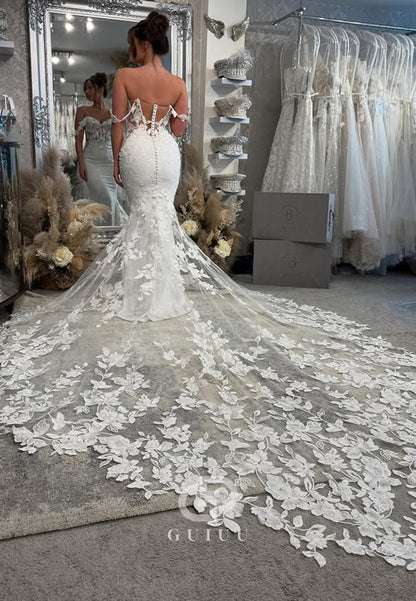 Strapless Sleeveless Floral Appliques Mermaid Wedding Dress