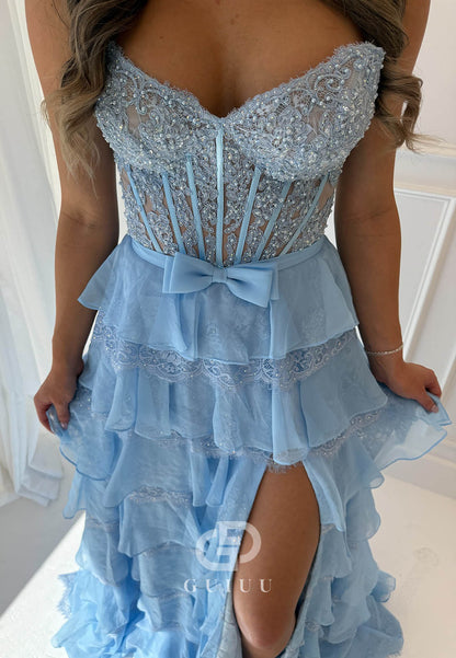 Sky Blue Sleeveless Sweetheart Slit Ruffles Prom Dress