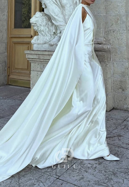 Halter Sleeveless Ruched Cape Backless Satin Wedding Dress