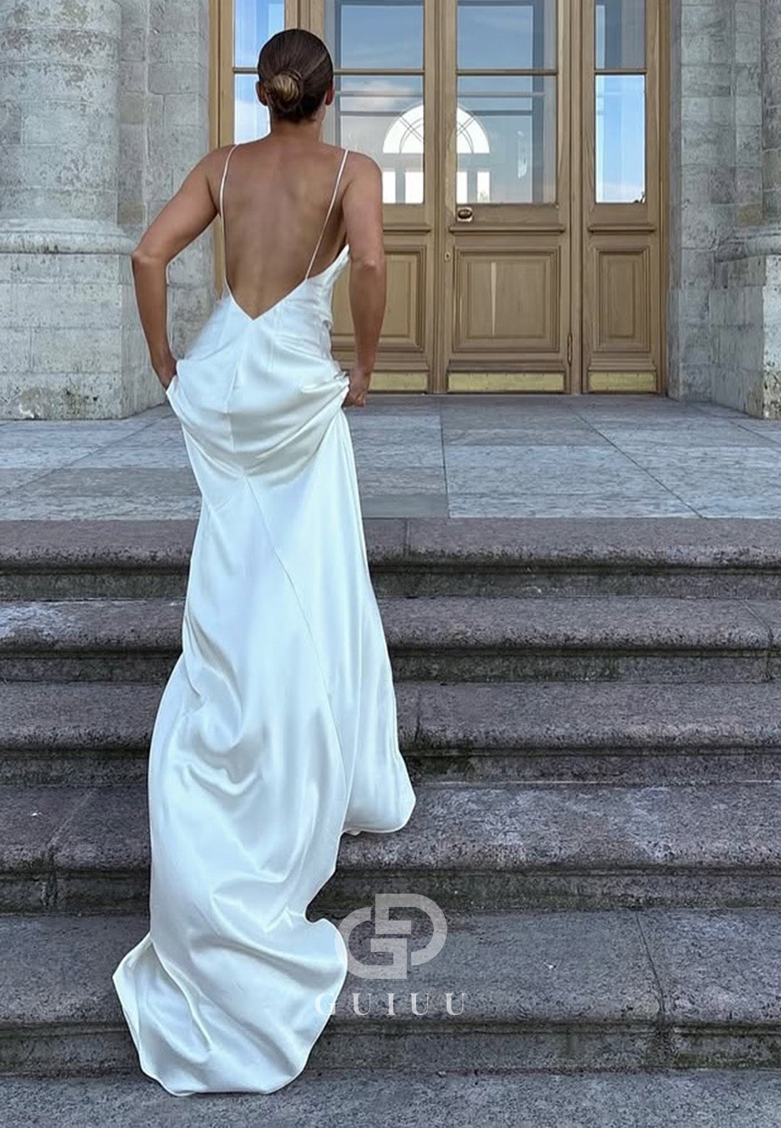 Halter Sleeveless Ruched Cape Backless Satin Wedding Dress