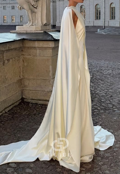 Halter Sleeveless Ruched Cape Backless Satin Wedding Dress