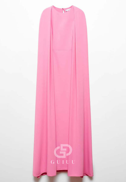 Candy Pink Cape Scoop A-Line Floor-Length Evening Dress