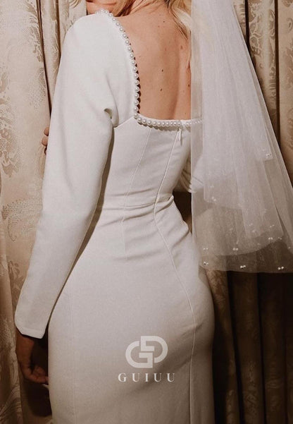 Elegant Long Sleeves Square Pearls Evening Dress