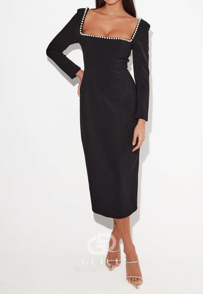 Elegant Long Sleeves Square Pearls Evening Dress