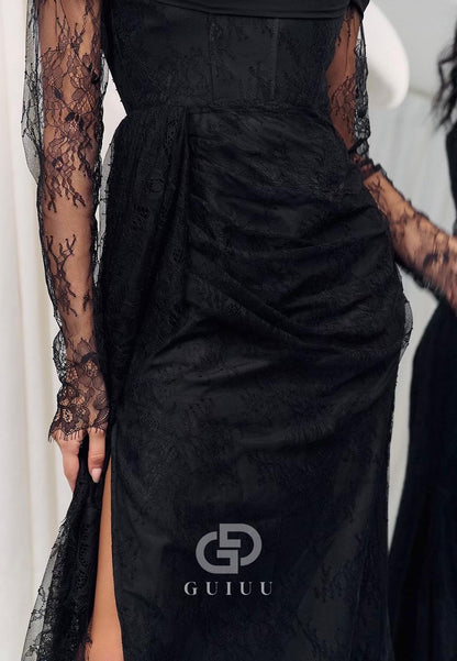 Black Long Sleeves Off-Shoulder Lace Evening Dress