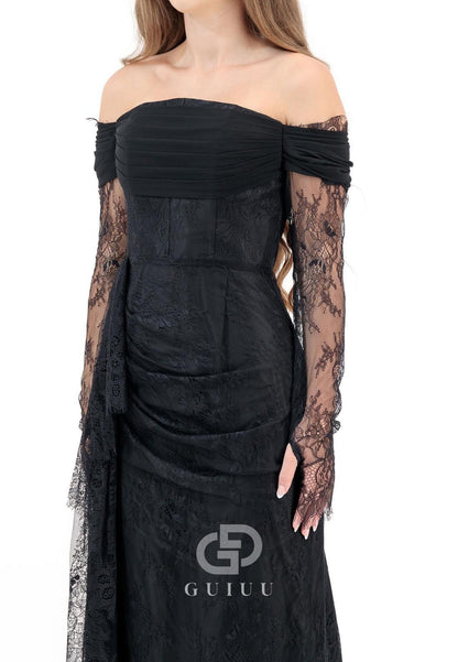 Black Long Sleeves Off-Shoulder Lace Evening Dress