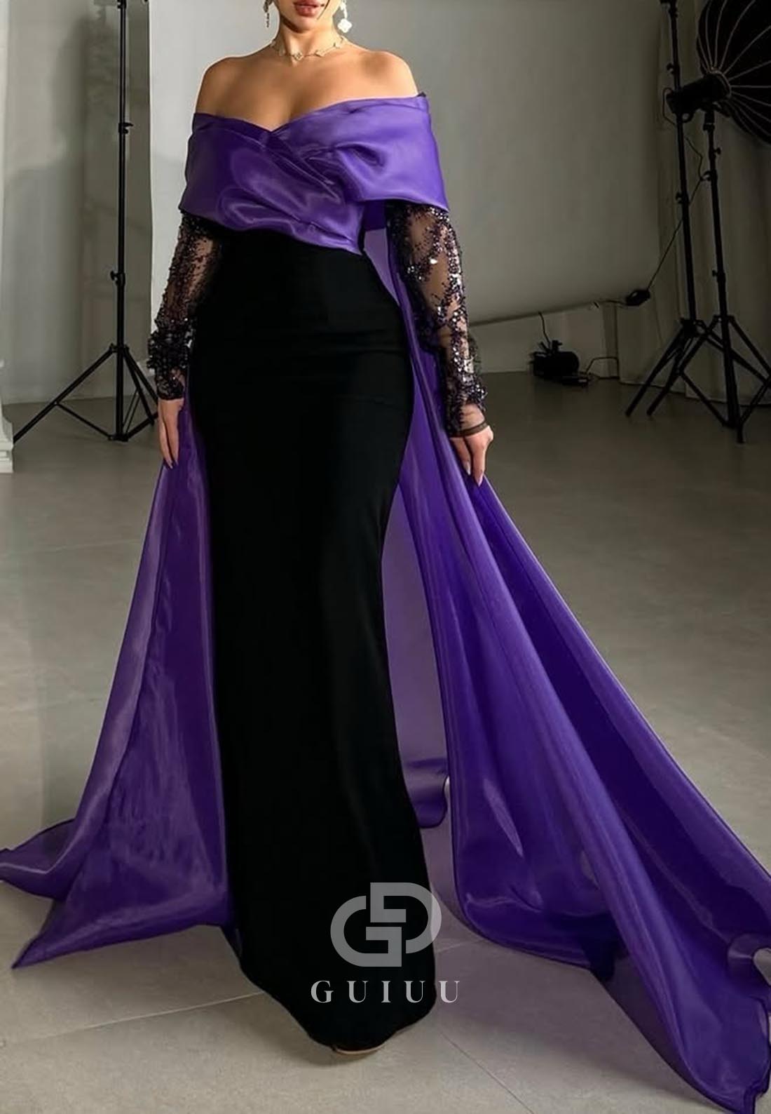 Sheath Off-Shoulder Long Sleeves Sequins Evening Dress