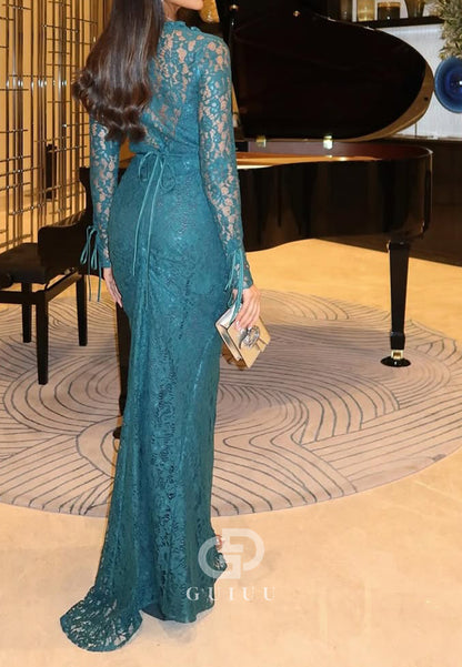 Peacock Long Sleeves Sweetheart Ruched A-Line Evening Dress