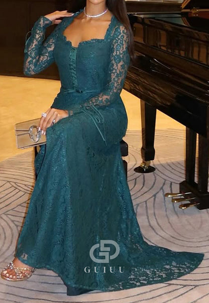 Peacock Long Sleeves Sweetheart Ruched A-Line Evening Dress