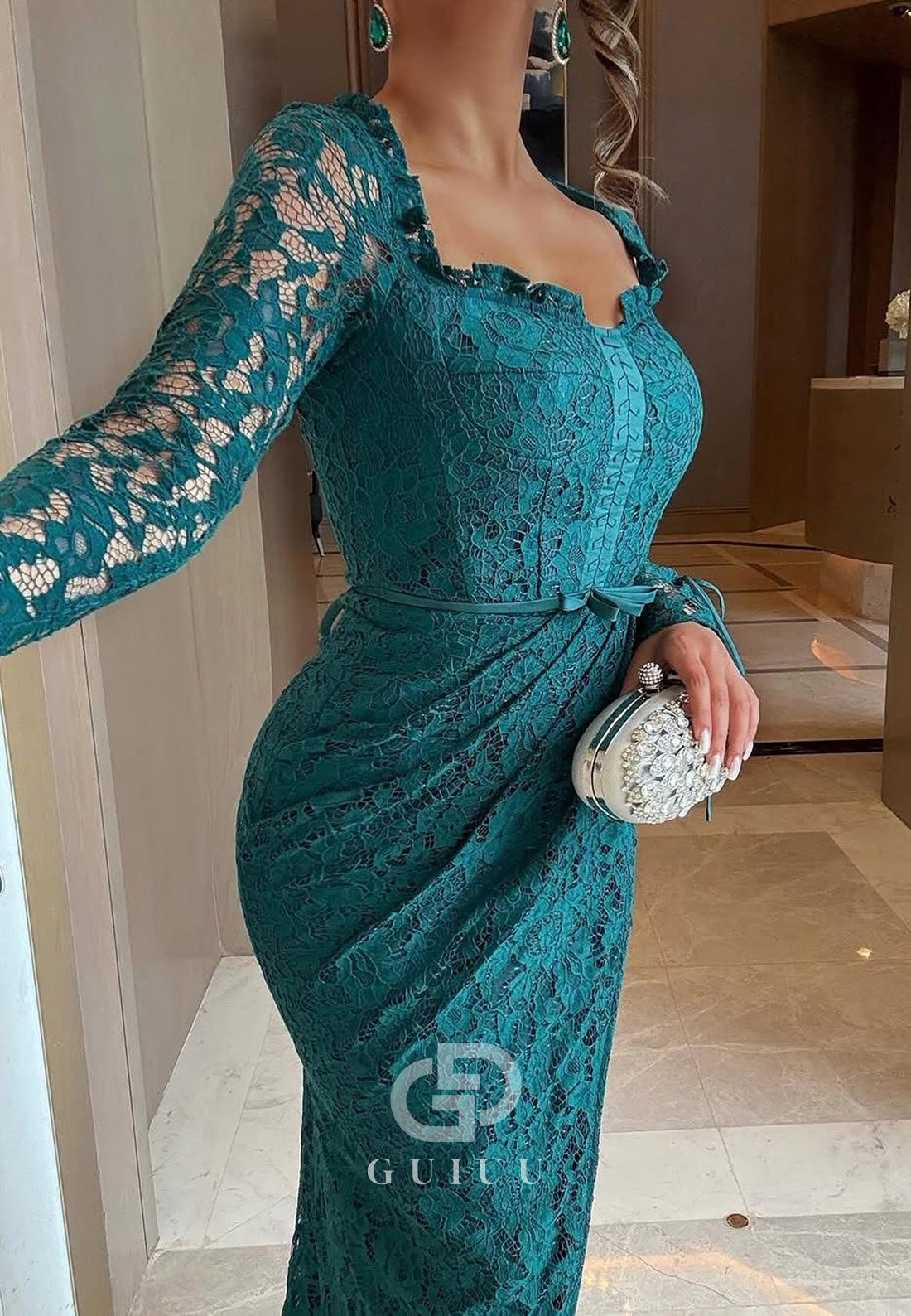 Peacock Long Sleeves Sweetheart Ruched A-Line Evening Dress