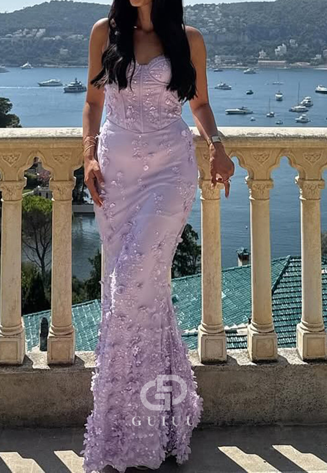 Lilac Sleeveless Strapless Lace-Up Back Appliques Prom Dress