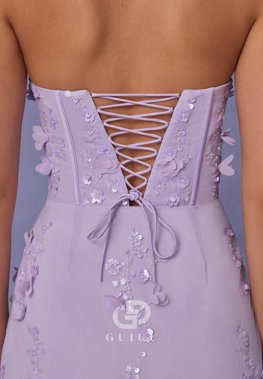 Lilac Sleeveless Strapless Lace-Up Back Appliques Prom Dress