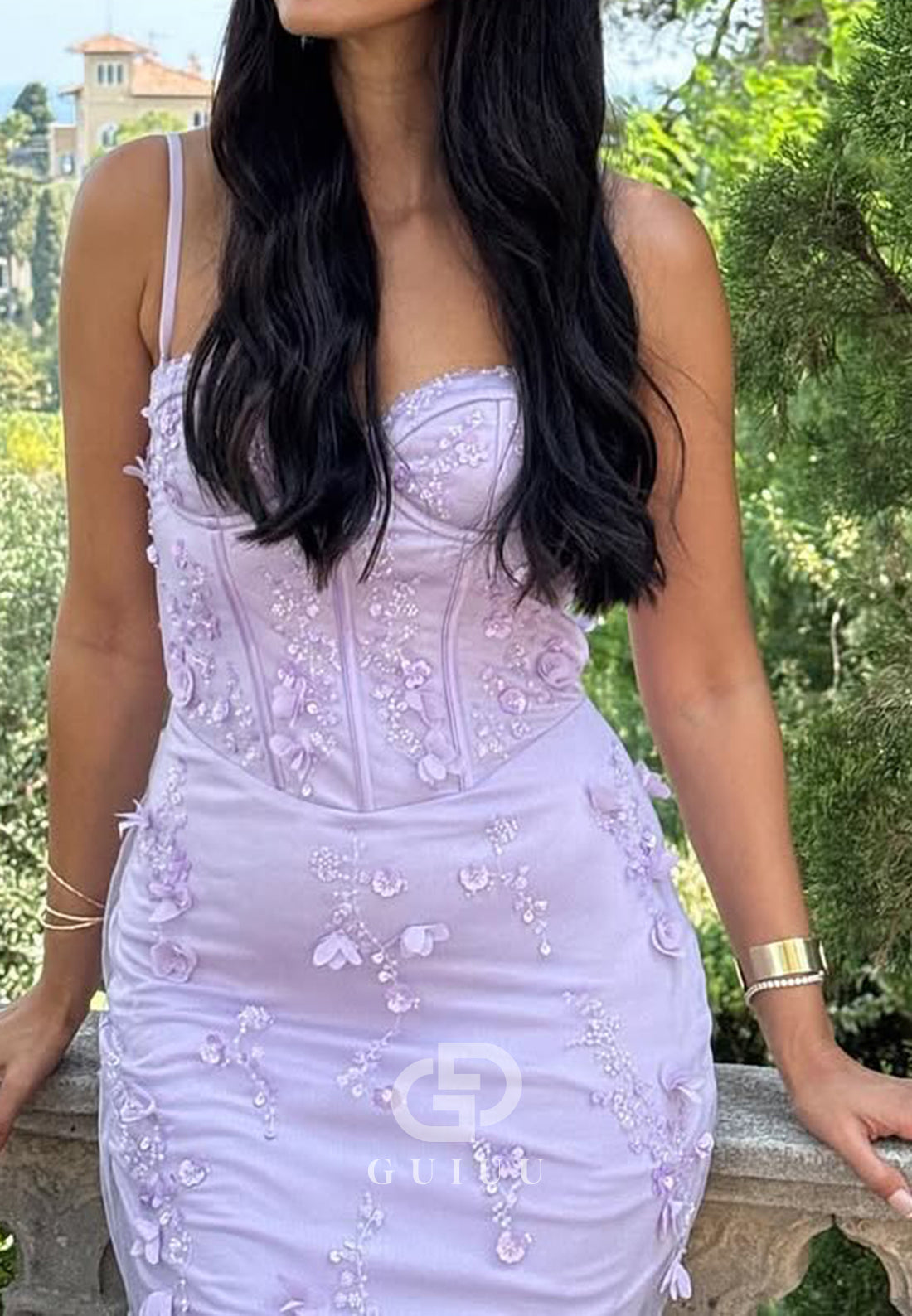 Lilac Sleeveless Strapless Lace-Up Back Appliques Prom Dress