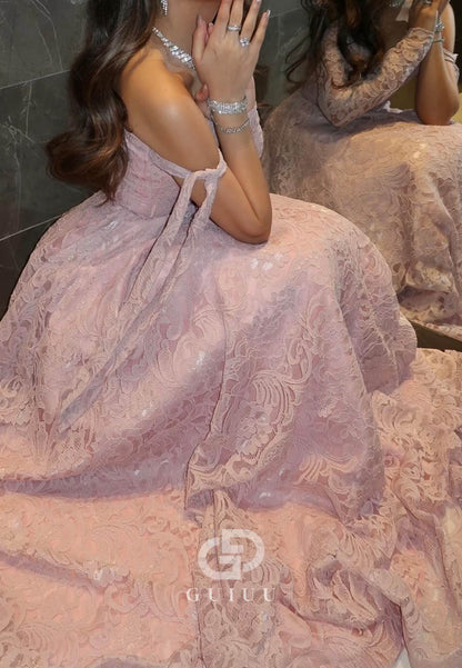 Blushing Pink Long Sleeves Scoop Empire-Waist Prom Dress