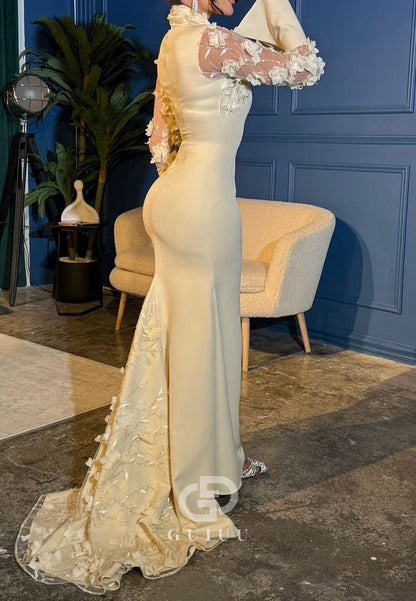 Daffodil Long Sleeves V-Neck Floral Appliques Evening Dress