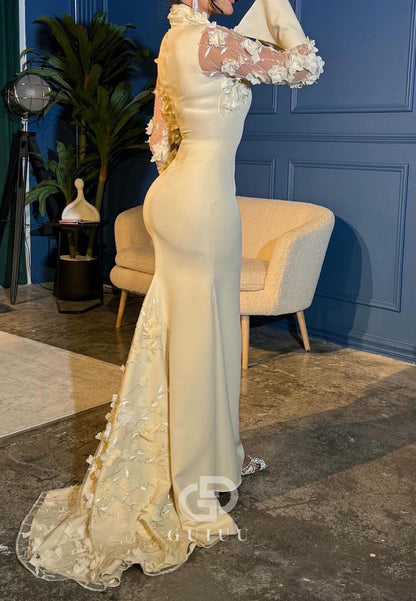 Daffodil Long Sleeves V-Neck Floral Appliques Evening Dress