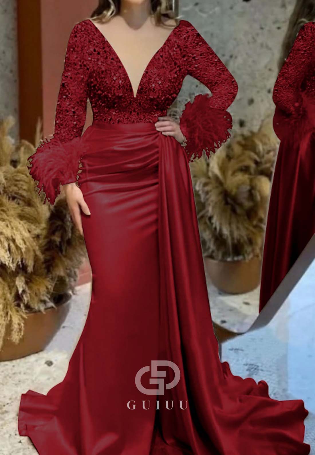 Mermaid Long Sleeves Deep V-Neck Ruched Feathers Evening Dress