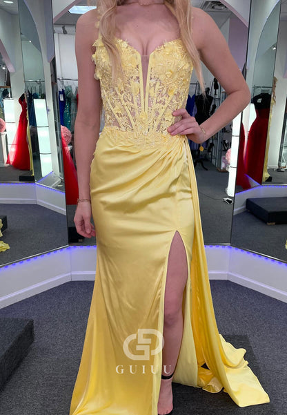 Daffodil Sleeveless Strapless Slit Ruched Prom Dress