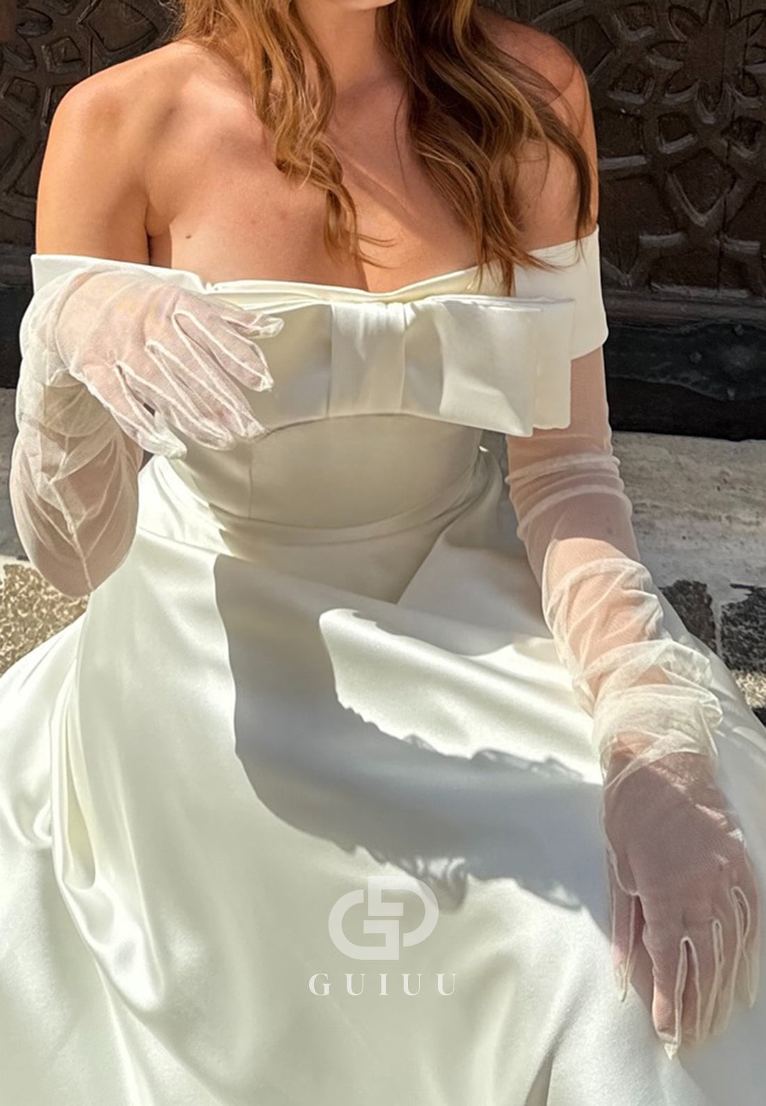 A-Line Strapless Sleeveless Bowknot Satin Wedding Dress