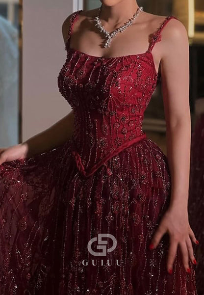 Burgundy Spaghetti Straps Square Sequins Evening Dress