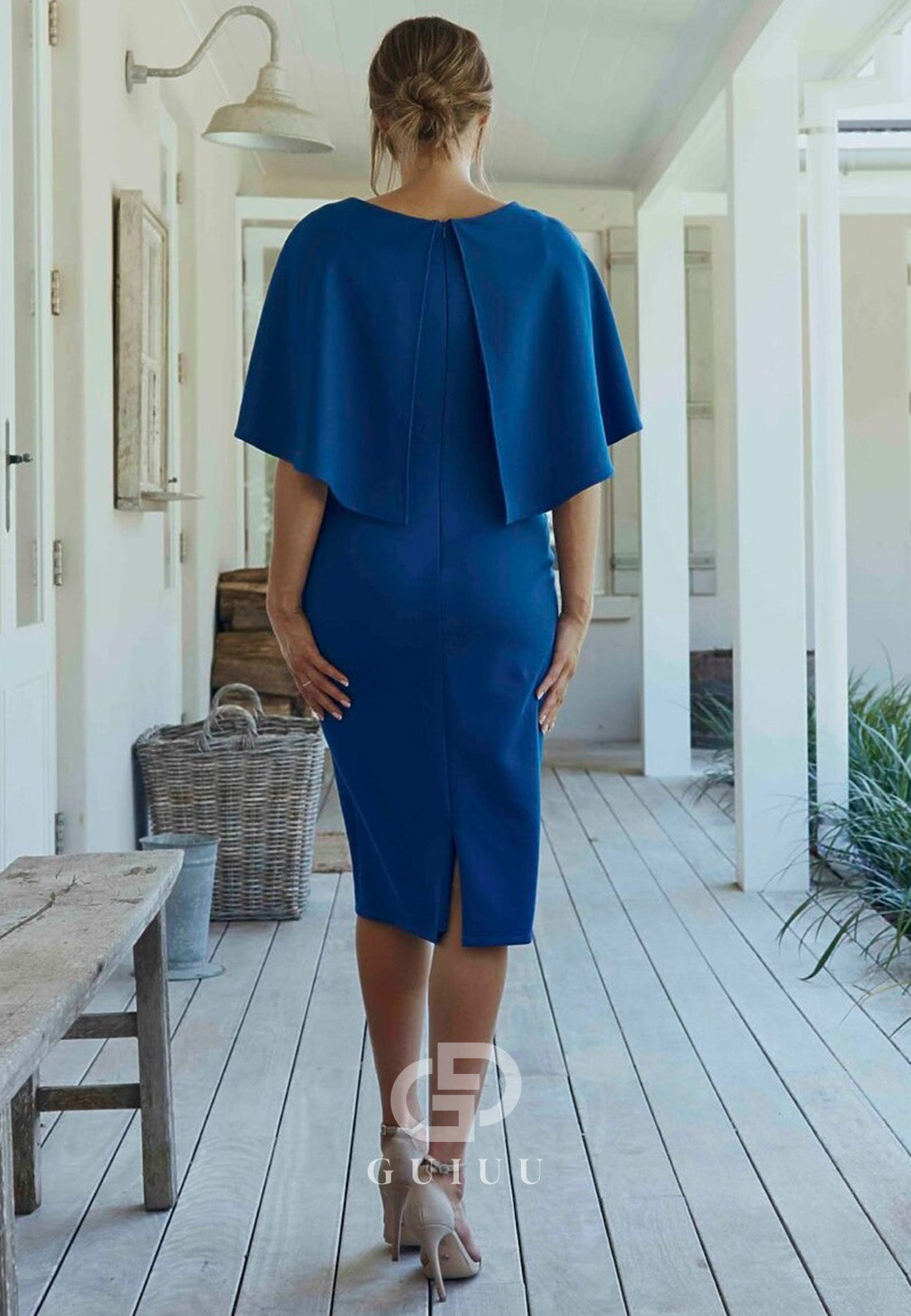 Royal Blue Cape Scoop Floral Appliques Short Mother of the Bride Dress