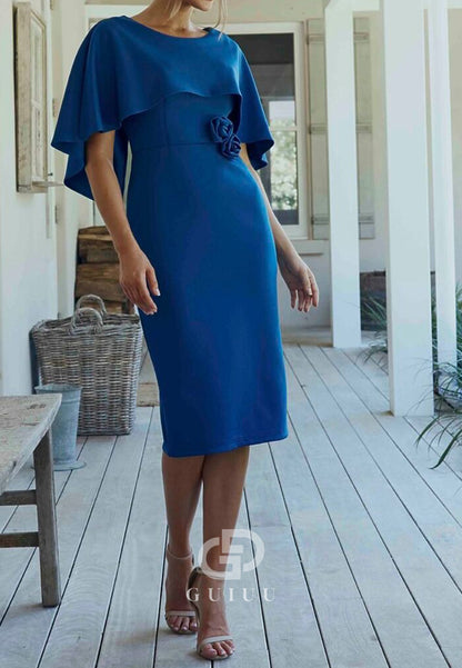 Royal Blue Cape Scoop Floral Appliques Short Mother of the Bride Dress