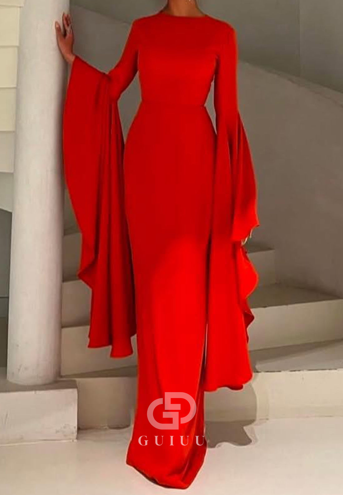 Red Long Sleeves Scoop Corset Sheath Evening Dress