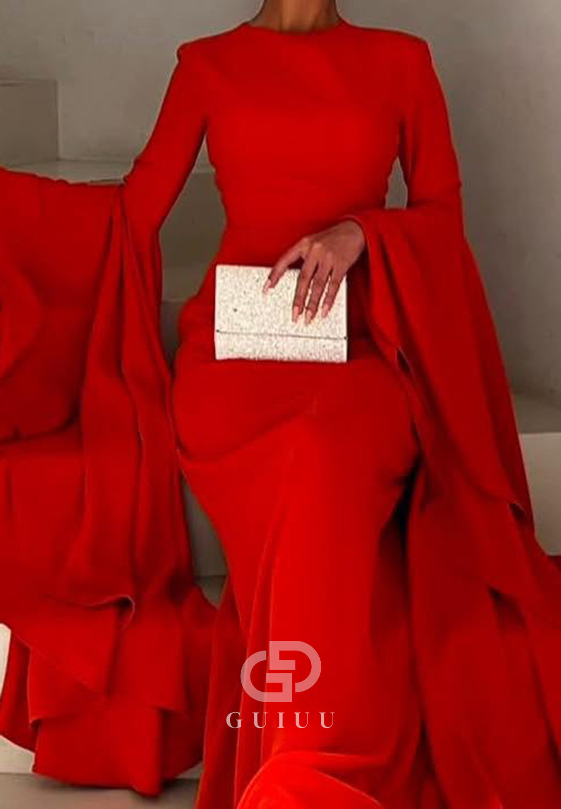 Red Long Sleeves Scoop Corset Sheath Evening Dress