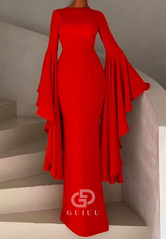 Red Long Sleeves Scoop Corset Sheath Evening Dress