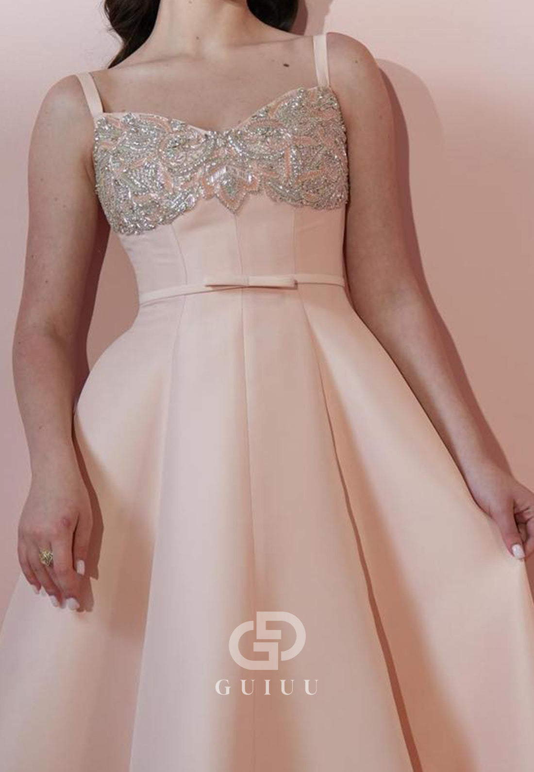 Bluhsing Pink Spaghetti Straps Sequins Empire-Waist Evening Dress