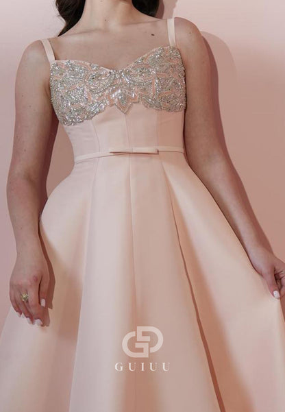 Bluhsing Pink Spaghetti Straps Sequins Empire-Waist Evening Dress