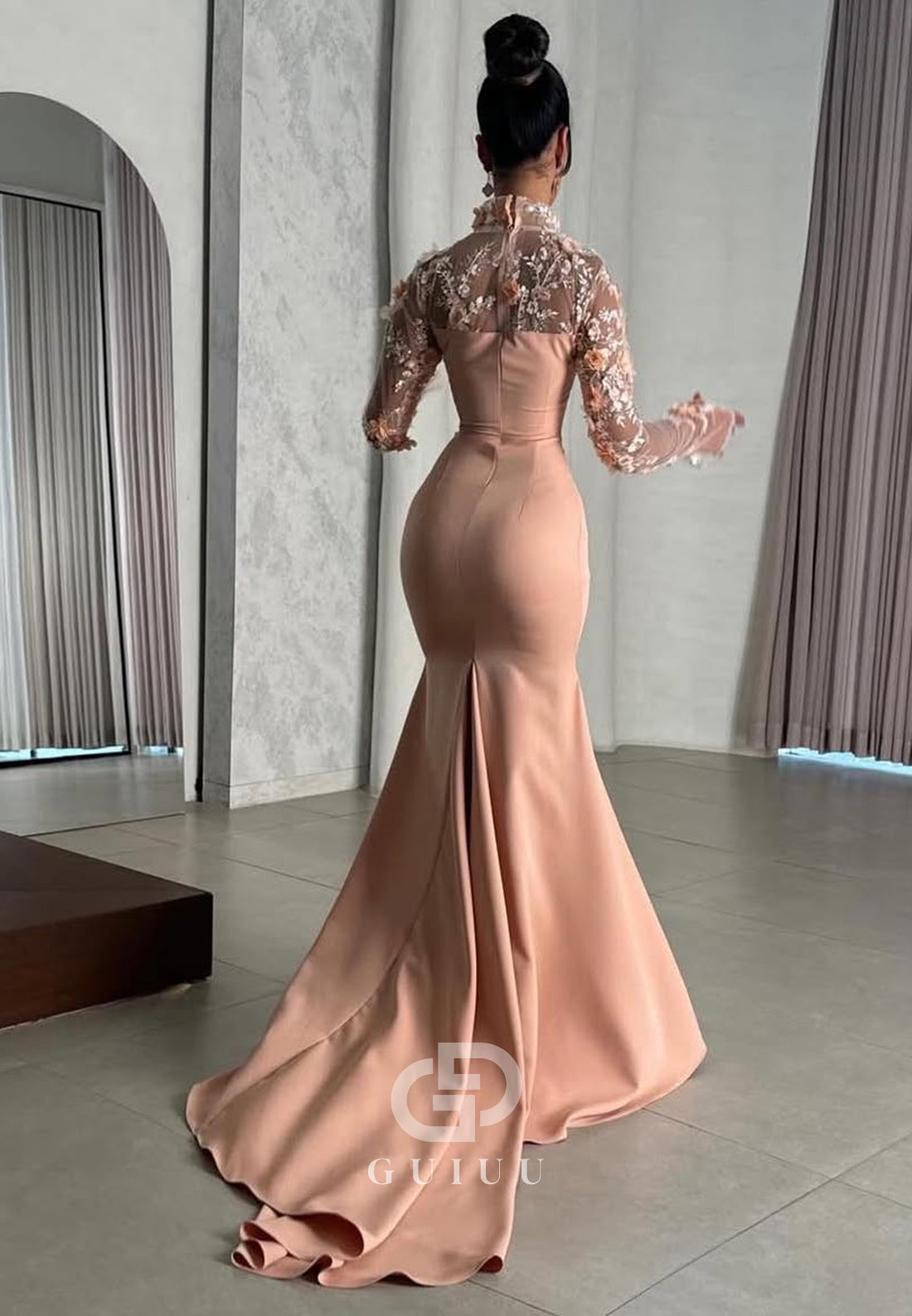 Pearl Pink High Neck Long Sleeves Corset Mermaid Evening Dress
