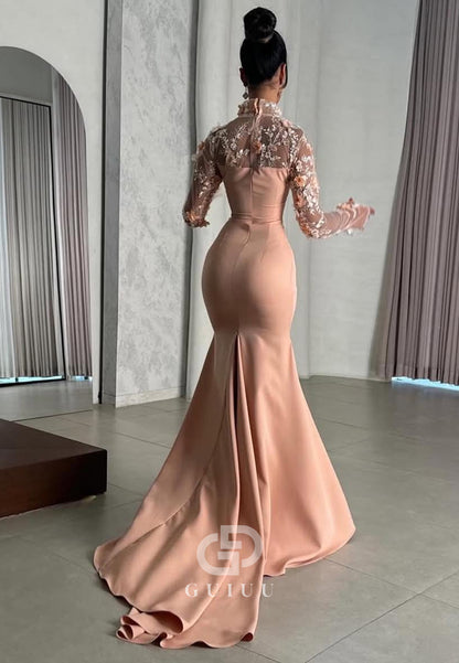 Pearl Pink High Neck Long Sleeves Corset Mermaid Evening Dress
