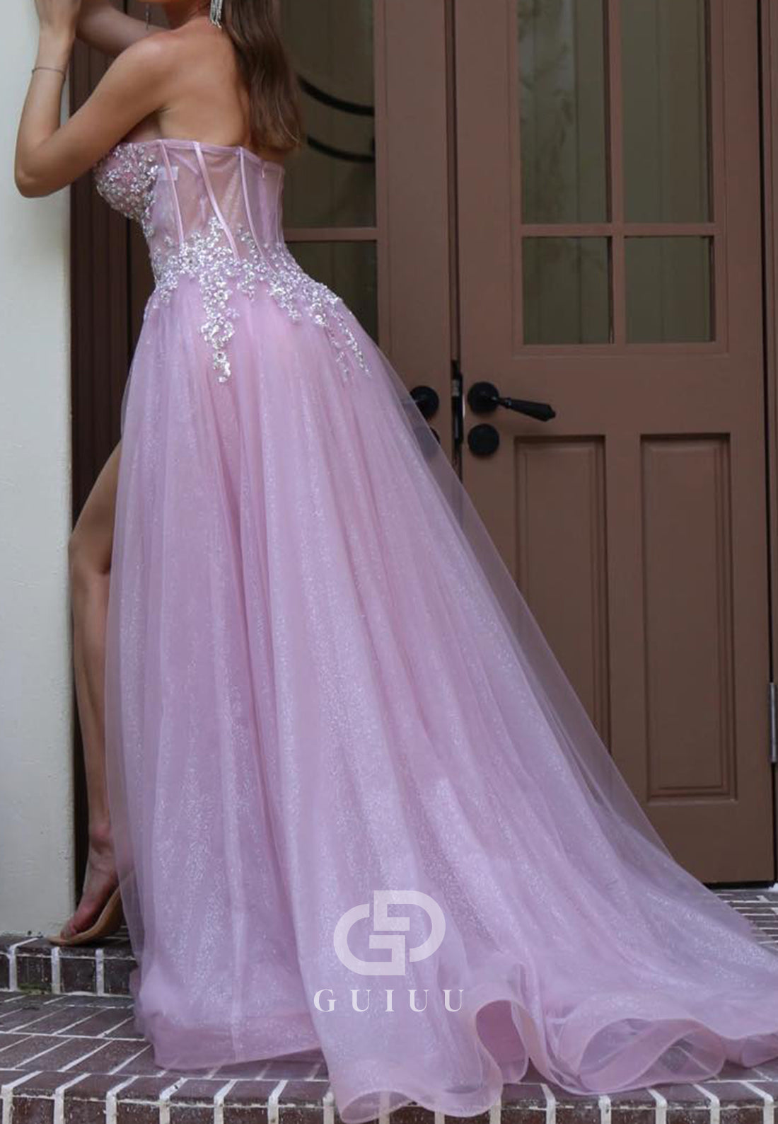 Lilac Strapless Sleeveless Floral Appliques Slit Evening Dress