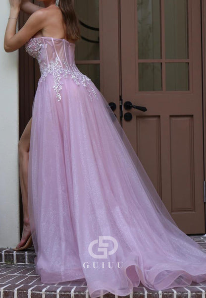 Lilac Strapless Sleeveless Floral Appliques Slit Evening Dress
