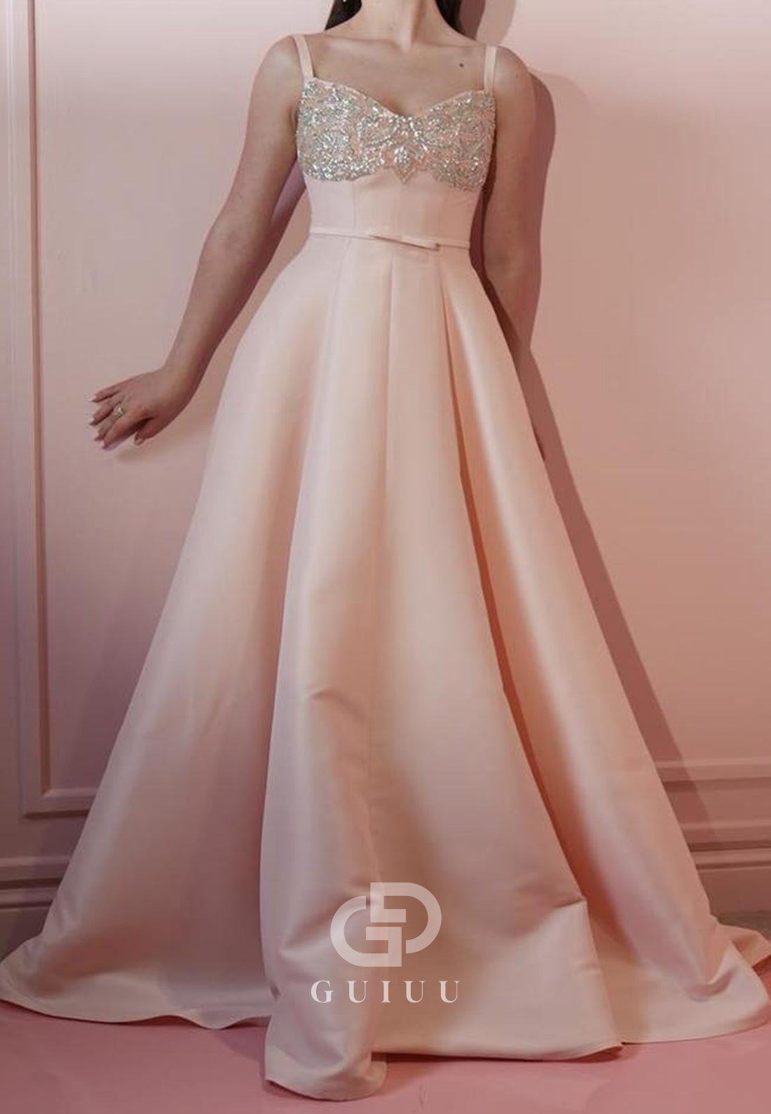 Bluhsing Pink Spaghetti Straps Sequins Empire-Waist Evening Dress