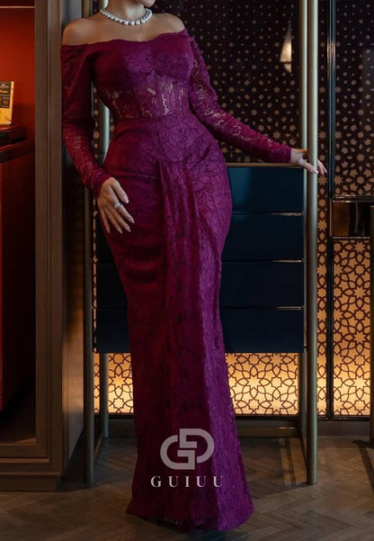 Raspberry Long Sleeves Off-Shoulder Lace Evening Dress